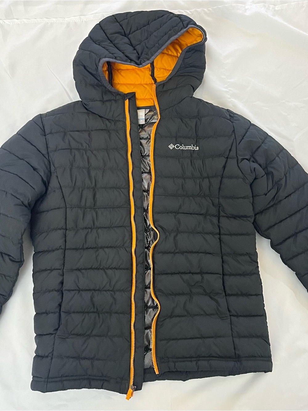 Columbia Kids Black Hooded Puffer Jacket with Yellow Lining